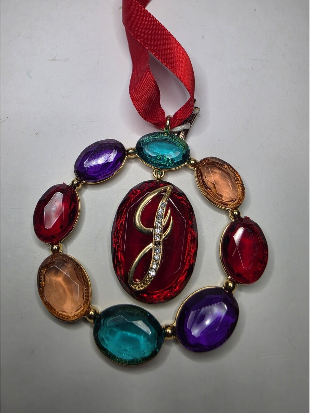 Vintage Crown Trifari "J" Monogram Jeweled Holiday Wreath Ornament